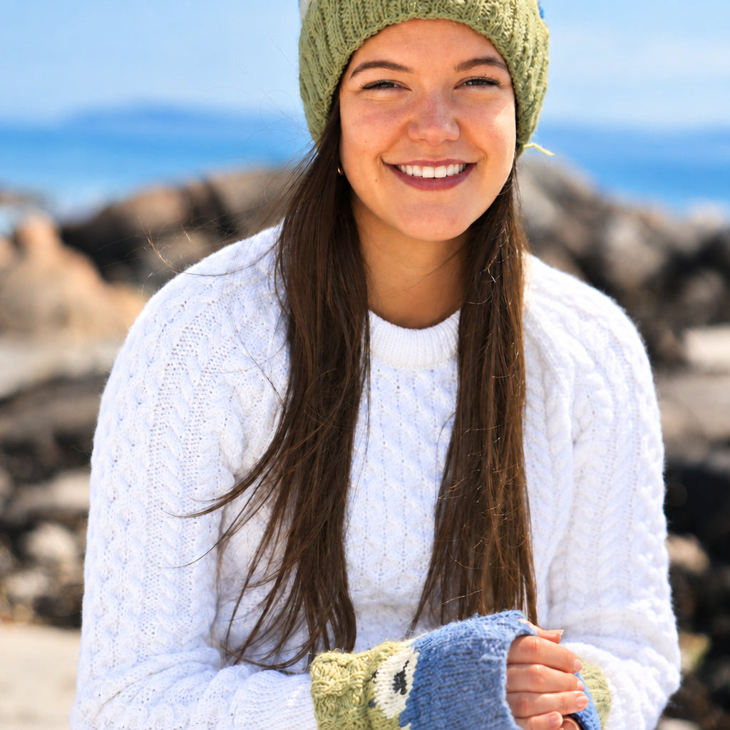 Aran Sweater, Wool Hand Warmers & Hat Bobble