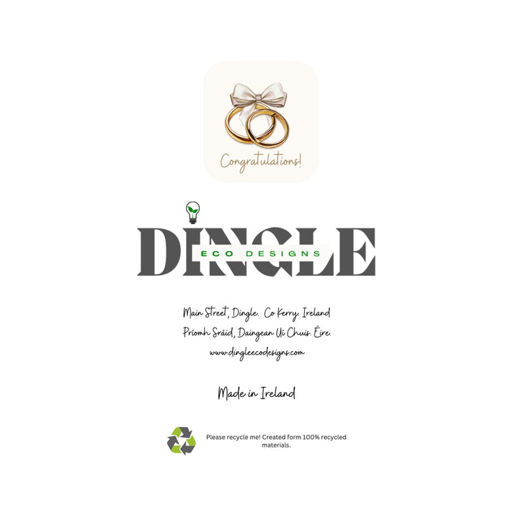 Eco-Friendly Wedding Greeting Cards – Comhghairdeas &amp;amp; Congratulations

Celebrate love with this charming wedding greeting cards featuring Irish and English messages, like "Comhghairdeas" and "Congratulations." Crafted from 100% recycled paper, this card offers a beautiful way to congratulate the happy couple while being kind to the planet.

🌿 Eco-Friendly: Made with 100% recycled materials.
🇮🇪 Bilingual: Warm wishes in both Irish and English.
💖 Locally Designed: Inspired by the beauty of Dingle Peni