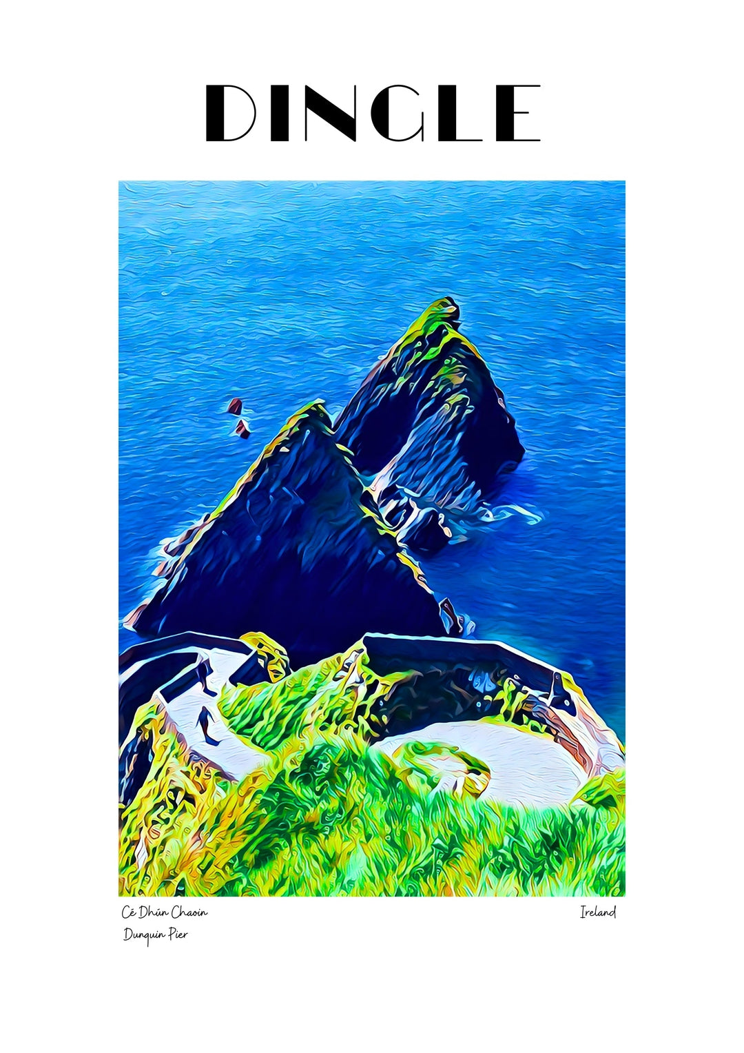 A poster featuring Dun Chaoin Pier with a vibrant depiction of the zigzag path, dramatic cliffs, and the Atlantic Ocean.