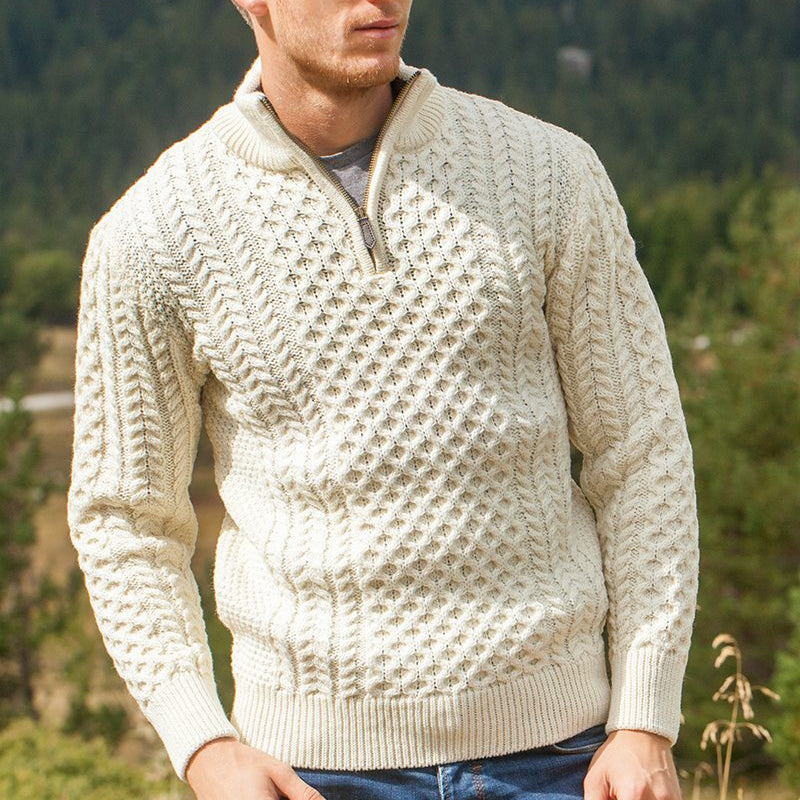 Elevate your wardrobe with our Men’s Irish Full-Zip Aran Sweater, crafted for the modern gentleman who values warmth, comfort, and heritage. This versatile sweater seamlessly blends traditional Irish craftsmanship with contemporary functionality.

🌟 Key Features
🐑 Premium Material: Made from 100% Merino wool, delivering exceptional softness, warmth, and breathability—perfect for cool weather or layering.
🌀 Classic Aran Stitching: Showcasing traditional Aran patterns on both the front and back, celebratin