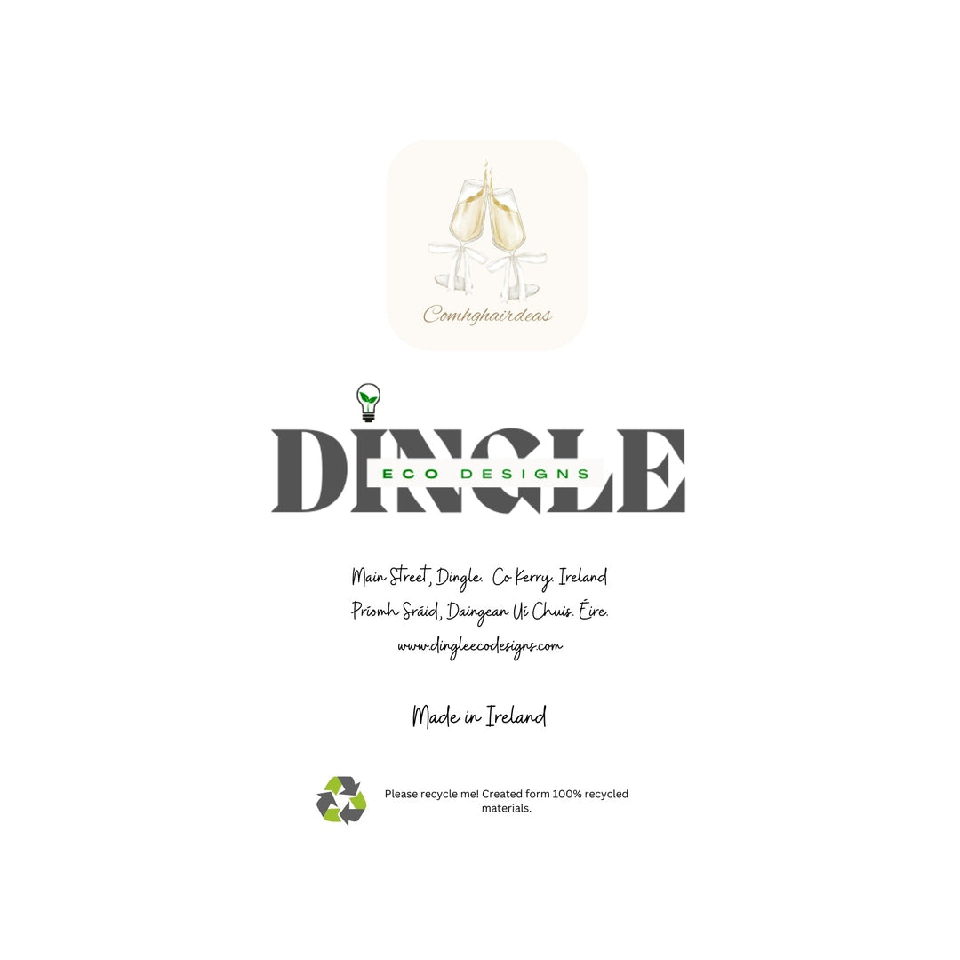 Eco-Friendly Wedding Greeting Cards – Comhghairdeas &amp;amp; Congratulations

Celebrate love with this charming wedding greeting cards featuring Irish and English messages, like "Comhghairdeas" and "Congratulations." Crafted from 100% recycled paper, this card offers a beautiful way to congratulate the happy couple while being kind to the planet.

🌿 Eco-Friendly: Made with 100% recycled materials.
🇮🇪 Bilingual: Warm wishes in both Irish and English.
💖 Locally Designed: Inspired by the beauty of Dingle Peni