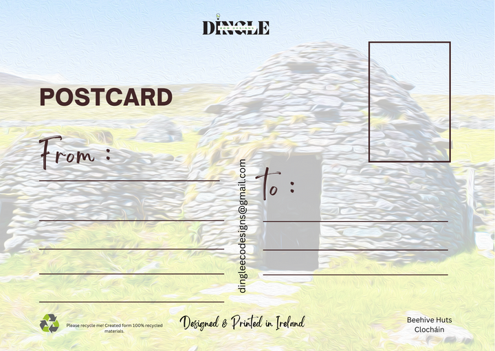Beehive Hut Postcard – Slea Head Drive &amp; Atlantic Views

Send a piece of Ireland’s charm with this Beehive Hut postcard, featuring the iconic stone structure set against the breathtaking Atlantic Ocean along the Slea Head Drive.

🌊 Stunning Landscape: Celebrate the rugged beauty of the Wild Atlantic Way.
🇮🇪 Dingle Heritage: Designed with inspiration from Ireland’s rich history.
🌿 Eco-Friendly: Printed on 100% recycled paper.

Perfect for sharing the magic of Dingle Peninsula or keeping as a unique memen