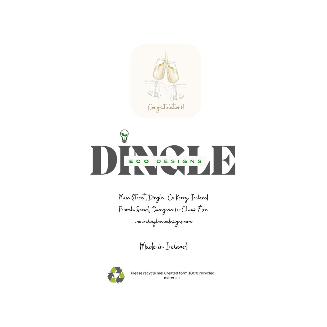 Eco-Friendly Wedding Greeting Cards – Comhghairdeas &amp;amp; Congratulations

Celebrate love with this charming wedding greeting cards featuring Irish and English messages, like "Comhghairdeas" and "Congratulations." Crafted from 100% recycled paper, this card offers a beautiful way to congratulate the happy couple while being kind to the planet.

🌿 Eco-Friendly: Made with 100% recycled materials.
🇮🇪 Bilingual: Warm wishes in both Irish and English.
💖 Locally Designed: Inspired by the beauty of Dingle Peni