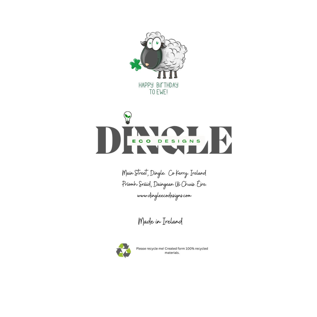Whimsical Sheep Birthday Cards – Eco-Friendly &amp; Playful Designs

Bring a smile to anyone’s face with our Whimsical Sheep Birthday Cards, featuring adorable cartoon sketches of sheep with big, playful personalities 🐑💚. Each card is crafted from 100% recycled paper, offering a warm, rustic feel that’s both eco-friendly and charming. Designed right here on the Dingle Peninsula, these cards capture the whimsical spirit of this beautiful, unique place.
