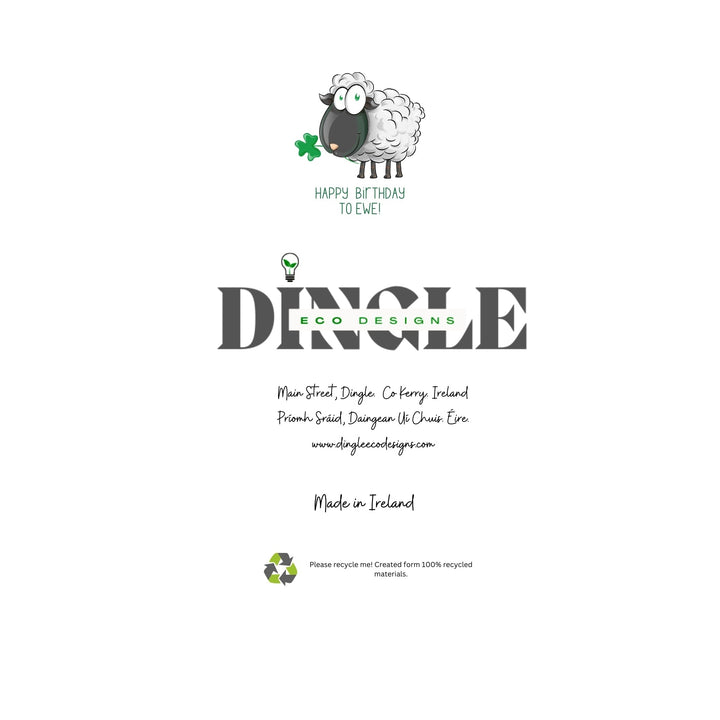 Whimsical Sheep Birthday Cards – Eco-Friendly &amp; Playful Designs

Bring a smile to anyone’s face with our Whimsical Sheep Birthday Cards, featuring adorable cartoon sketches of sheep with big, playful personalities 🐑💚. Each card is crafted from 100% recycled paper, offering a warm, rustic feel that’s both eco-friendly and charming. Designed right here on the Dingle Peninsula, these cards capture the whimsical spirit of this beautiful, unique place.
