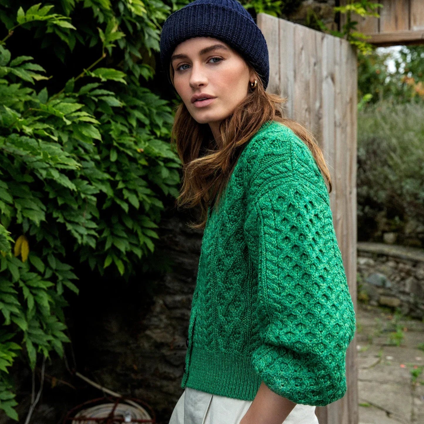 Irelands Eye Clover Cropped Aran Cardigan Green