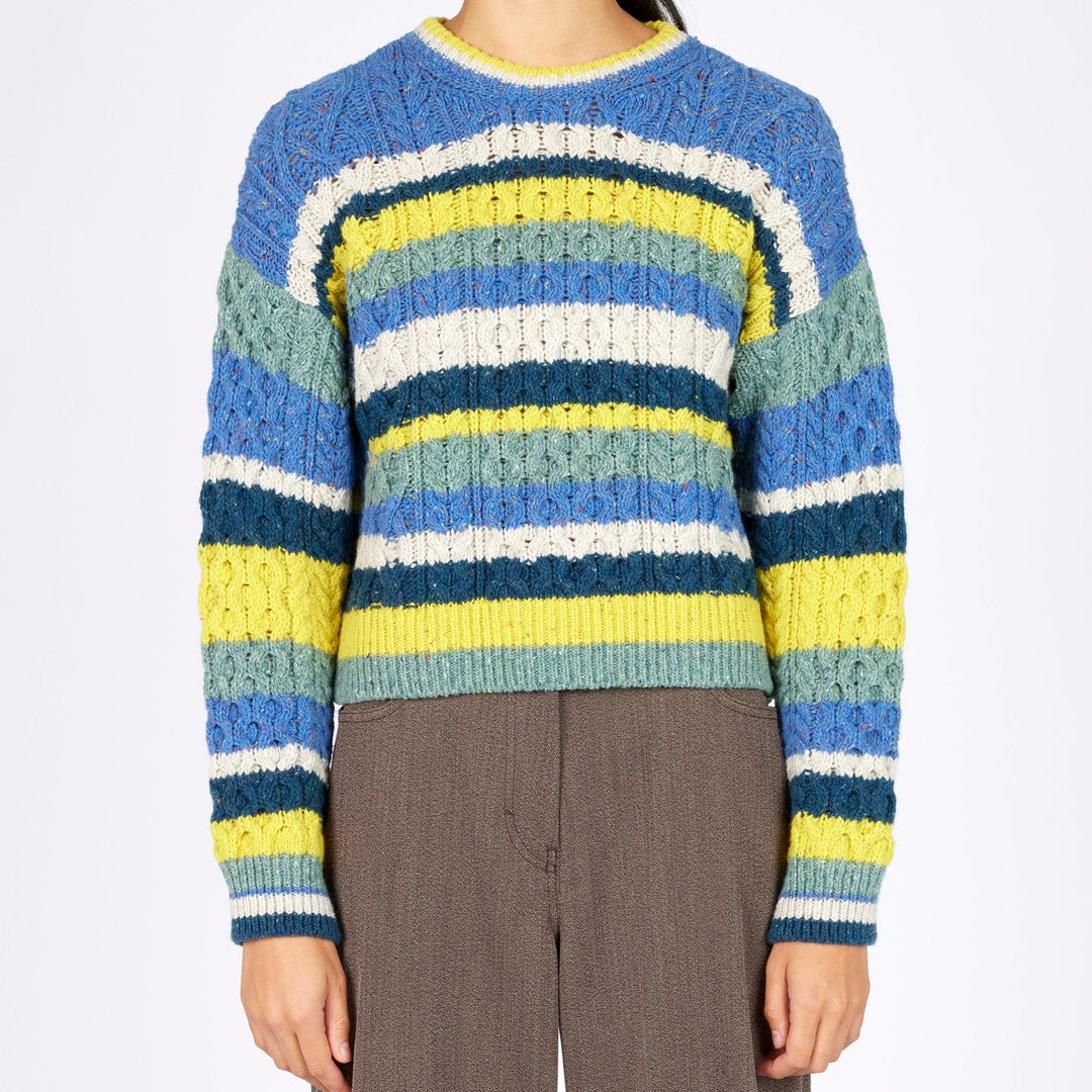 Maya Multi-Coloured Aran Sweater – Genesis Collection 🧶🌈

Part of the Genesis Collection, the ‘Maya’ sweater is a fresh take on classic Aran knitwear. It combines traditional Aran stitches with a playful, contemporary silhouette and bold multi-coloured stripes for a standout look.

✨ Designed with a vibrant marina base and contrasting stripes of chalkstone, ink marl, ocean mist &amp;amp; buttercup, this cropped yet generous sweater is all about modern comfort with timeless style.