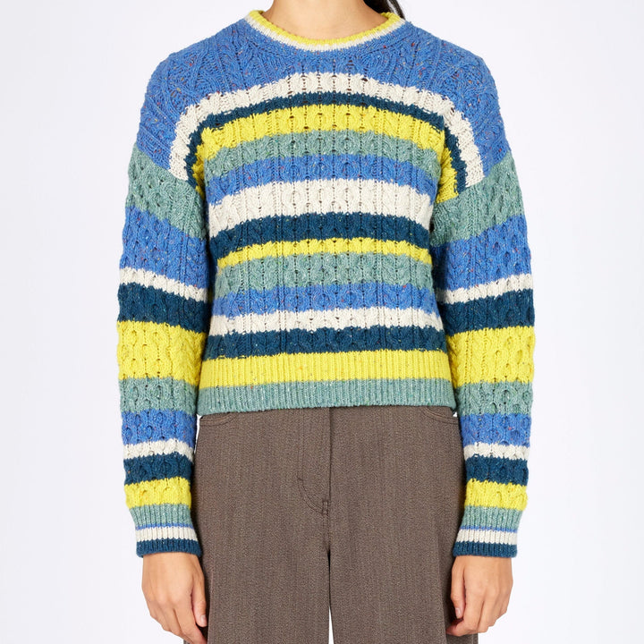 Maya Multi-Coloured Aran Sweater – Genesis Collection 🧶🌈

Part of the Genesis Collection, the ‘Maya’ sweater is a fresh take on classic Aran knitwear. It combines traditional Aran stitches with a playful, contemporary silhouette and bold multi-coloured stripes for a standout look.

✨ Designed with a vibrant marina base and contrasting stripes of chalkstone, ink marl, ocean mist &amp;amp; buttercup, this cropped yet generous sweater is all about modern comfort with timeless style.