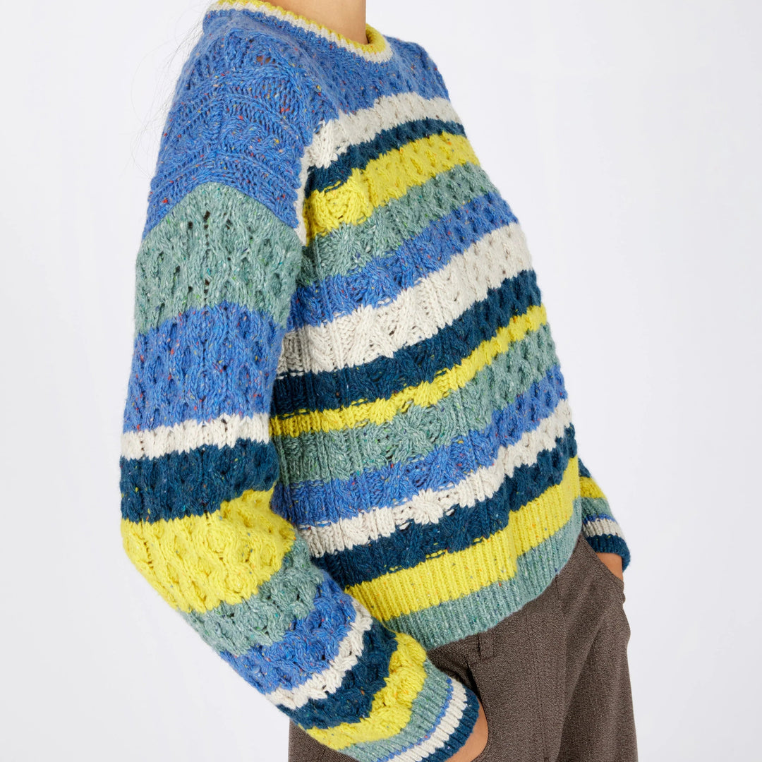 Maya Multi-Coloured Aran Sweater – Genesis Collection 🧶🌈

Part of the Genesis Collection, the ‘Maya’ sweater is a fresh take on classic Aran knitwear. It combines traditional Aran stitches with a playful, contemporary silhouette and bold multi-coloured stripes for a standout look.

✨ Designed with a vibrant marina base and contrasting stripes of chalkstone, ink marl, ocean mist &amp;amp; buttercup, this cropped yet generous sweater is all about modern comfort with timeless style.
