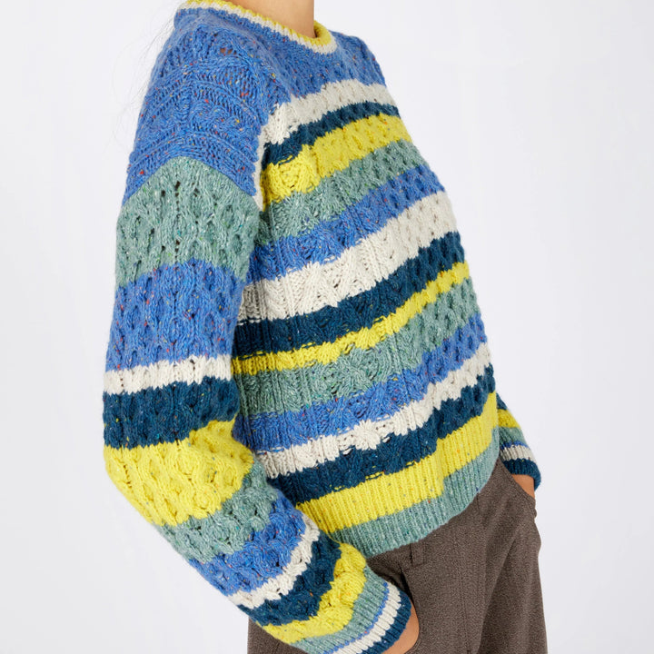 Maya Multi-Coloured Aran Sweater – Genesis Collection 🧶🌈

Part of the Genesis Collection, the ‘Maya’ sweater is a fresh take on classic Aran knitwear. It combines traditional Aran stitches with a playful, contemporary silhouette and bold multi-coloured stripes for a standout look.

✨ Designed with a vibrant marina base and contrasting stripes of chalkstone, ink marl, ocean mist &amp;amp; buttercup, this cropped yet generous sweater is all about modern comfort with timeless style.