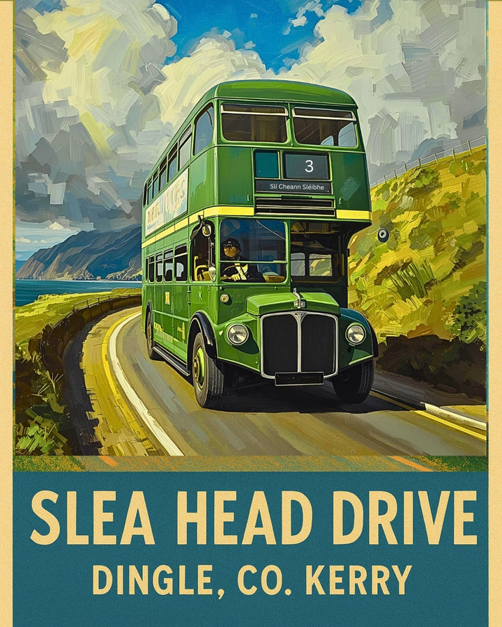 Vintage-style poster of a green double-decker bus on Slea Head Drive, Dingle, Co. Kerry.