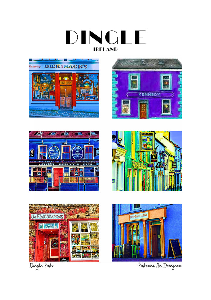 A colourful celebration of Dingle’s legendary pub culture 🍻! This vibrant poster features six of the town’s most iconic watering holes, each lovingly illustrated in their signature bright facades:

