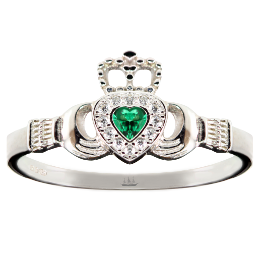 Sterling Silver Claddagh Ring with Ethical grown Emeralds and Diamonds