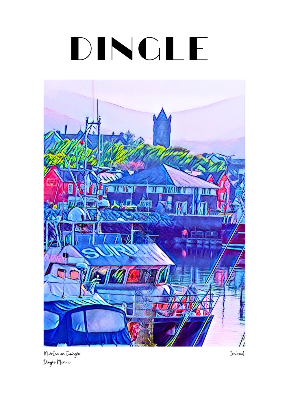 Colorful artwork of a coastal scene with boats and buildings, at the Dingle Marina.