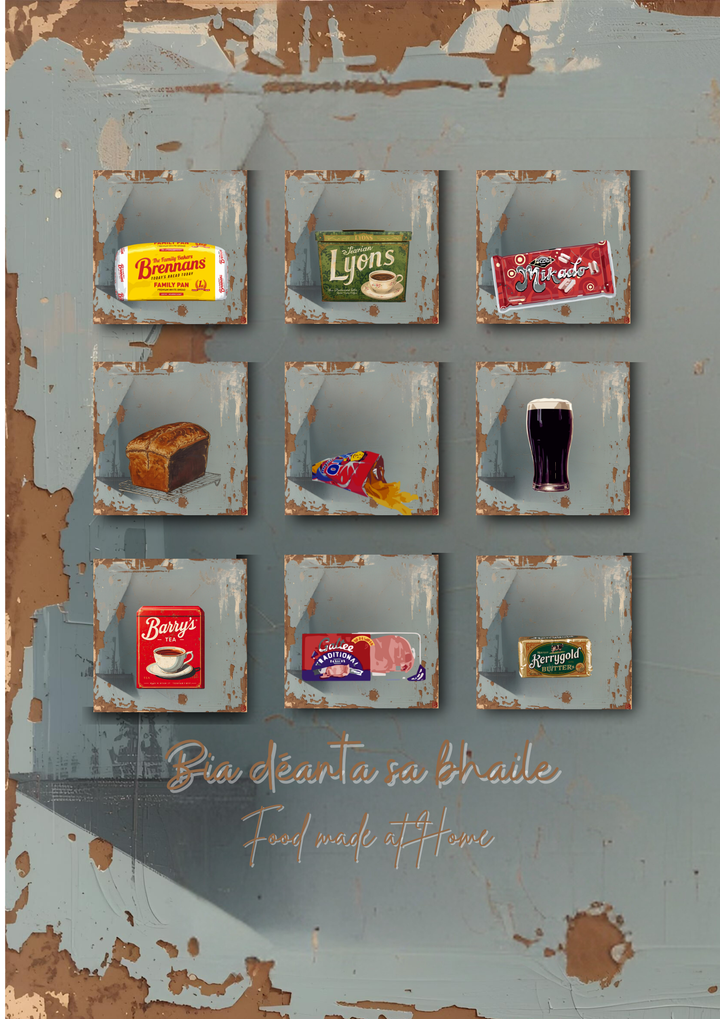 Vintage-style advertisement with food packaging on a distressed wall background of all our Irish favourite foods.