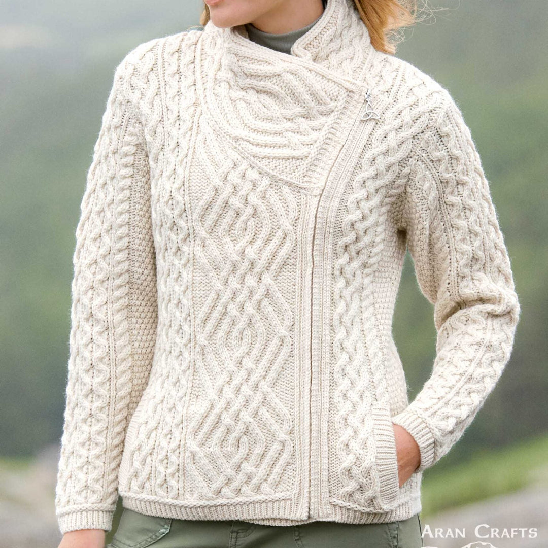 ☘️ Ladies Irish-Made Side-Zip Cable Knit Aran Cardigan 🧶
Biker Style Meets Timeless Irish Craftsmanship

Elevate your wardrobe with the Ladies Irish-Made Side-Zip Cable Knit Aran Cardigan, a bold take on traditional Aran knitwear with a modern, biker-inspired twist.

🌟 Key Features You’ll Love:
🧵 Premium Material: Made from 100% Supersoft Merino Wool for unmatched warmth, softness, and comfort.
🪡 Stylish Design: Features a unique side-zip closure, adding a modern biker edge to the classic Aran cardigan.