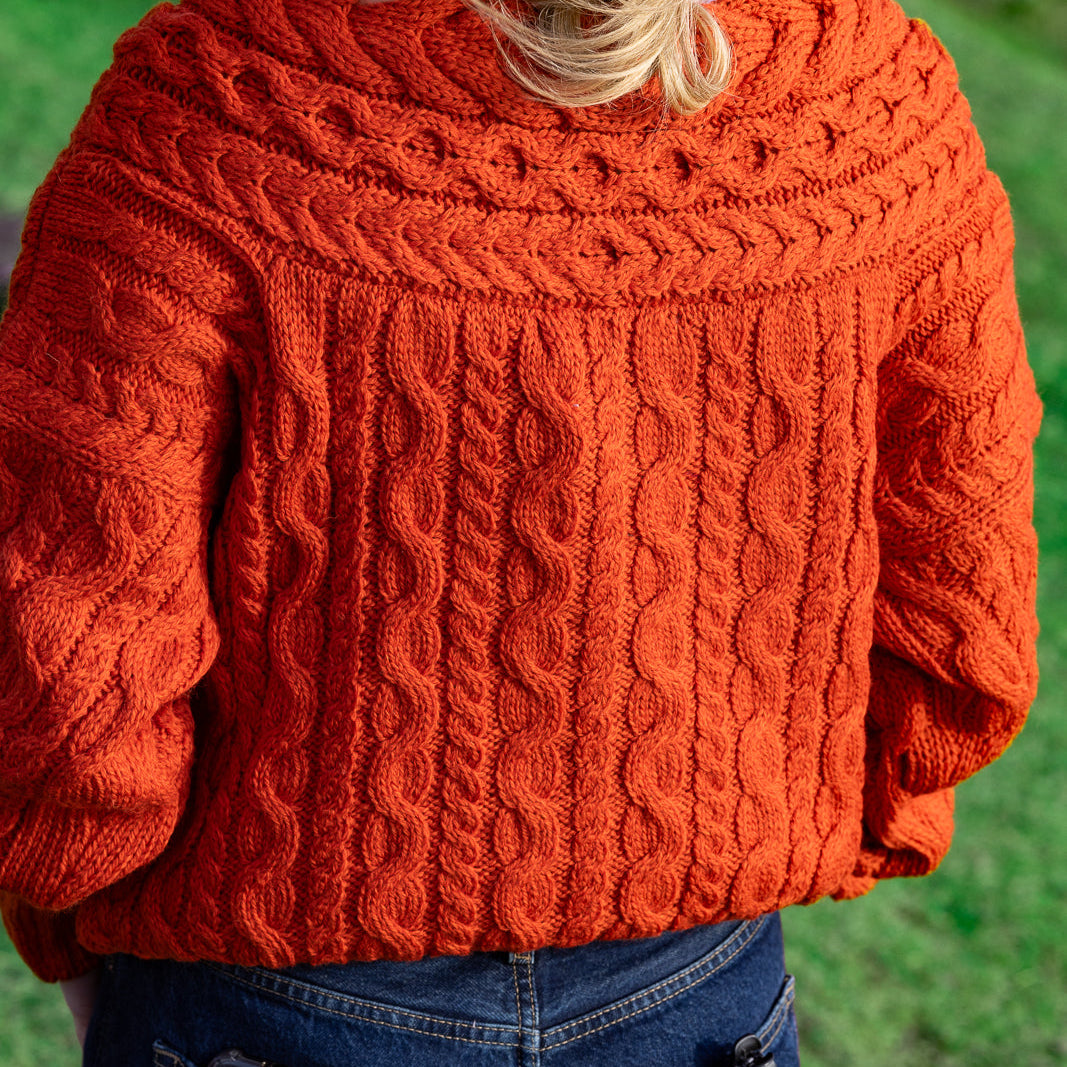 Womens V Neck Aran Sweater with Cable Detail