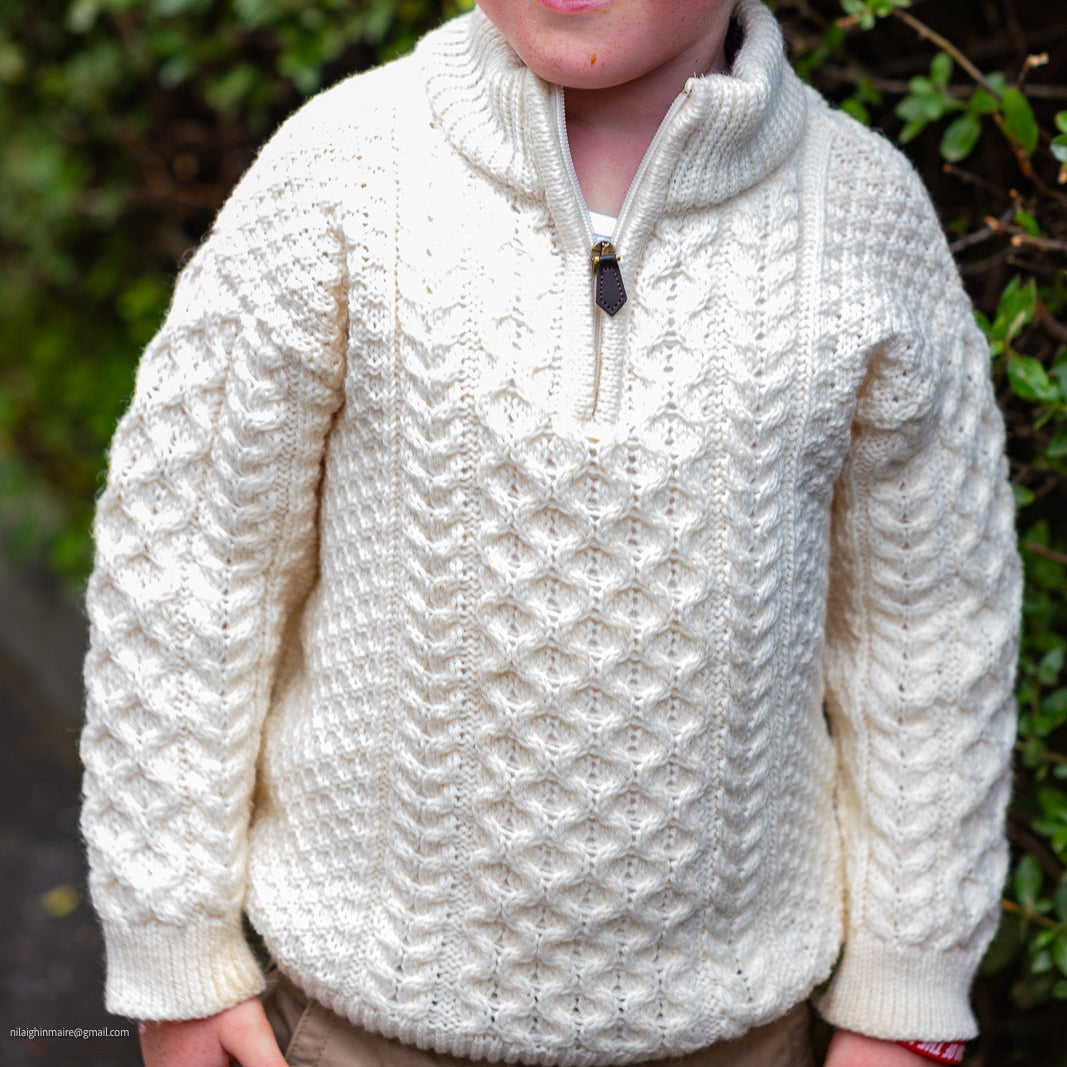 Childrens Half Zipped Aran Sweater -Natural