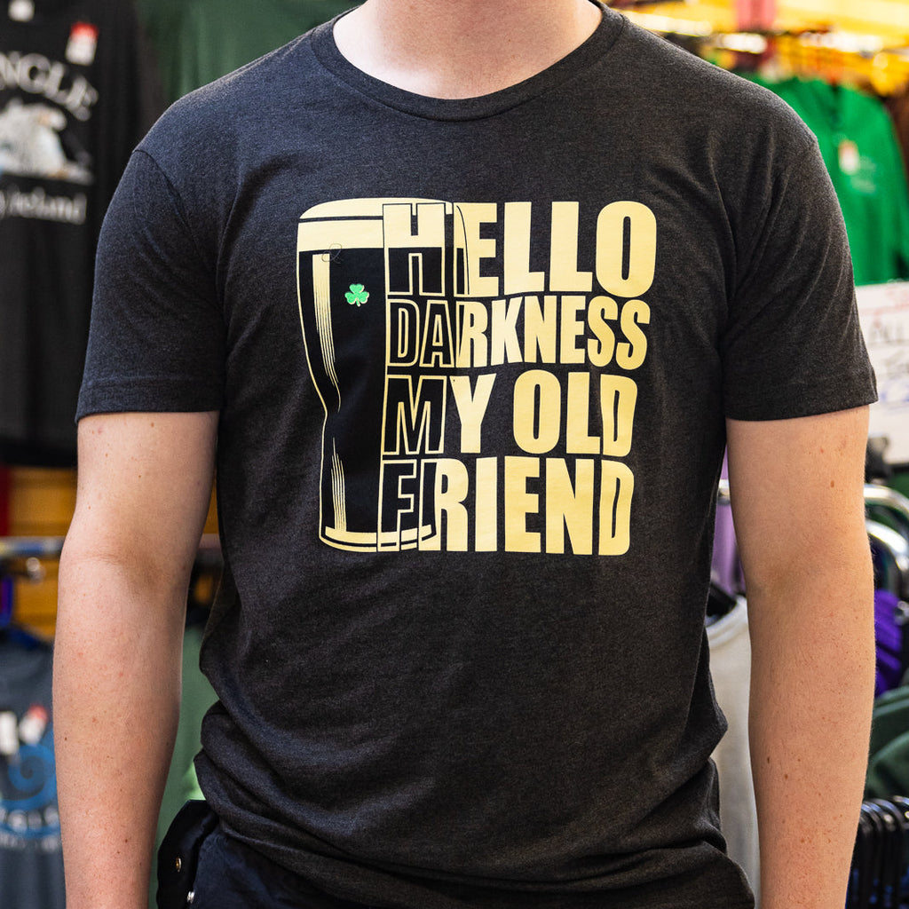Funny Guinness Stout Beer Lover T-Shirt – 'Hello Darkness My Old Friend' Saying, Heavyweight Cotton, Men's
